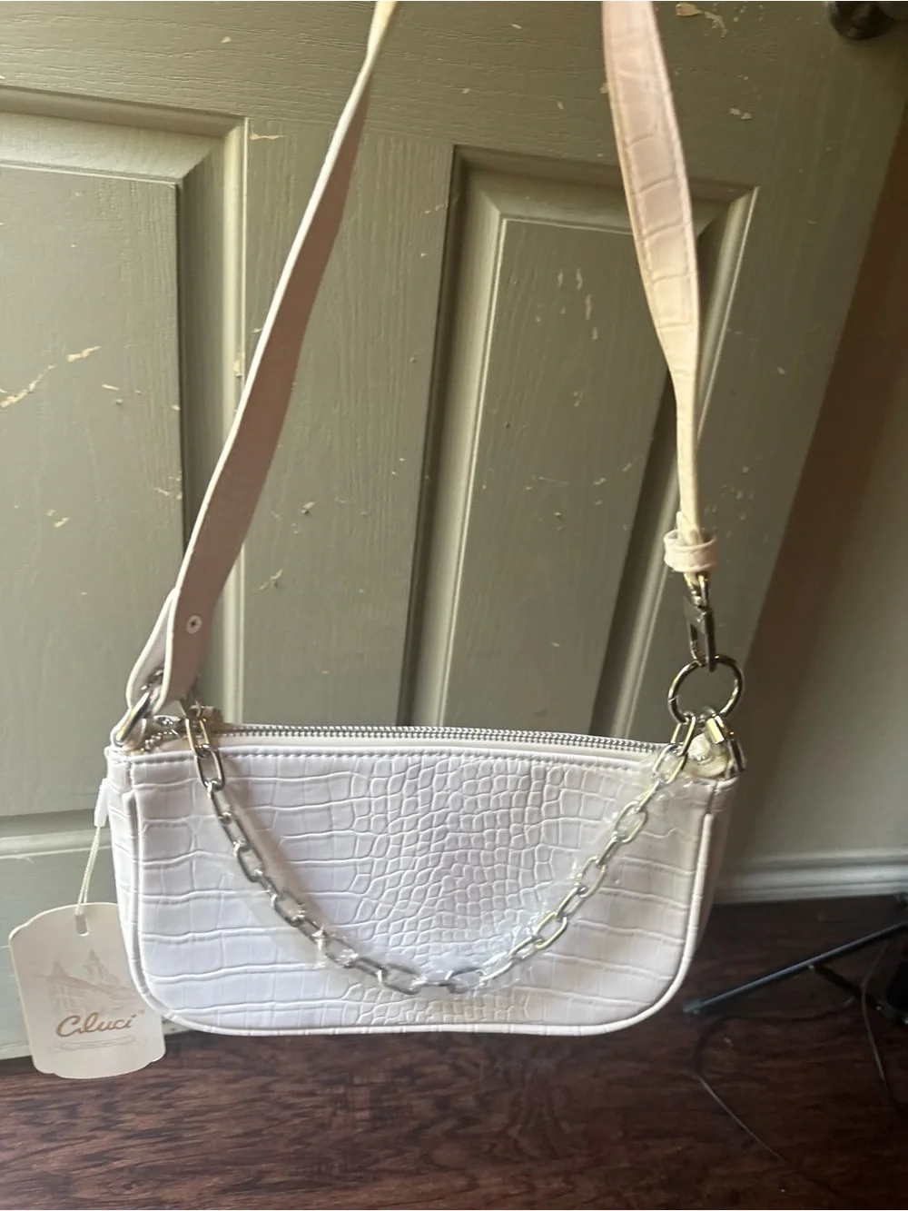 White Croc-Embossed Wristlet Bag